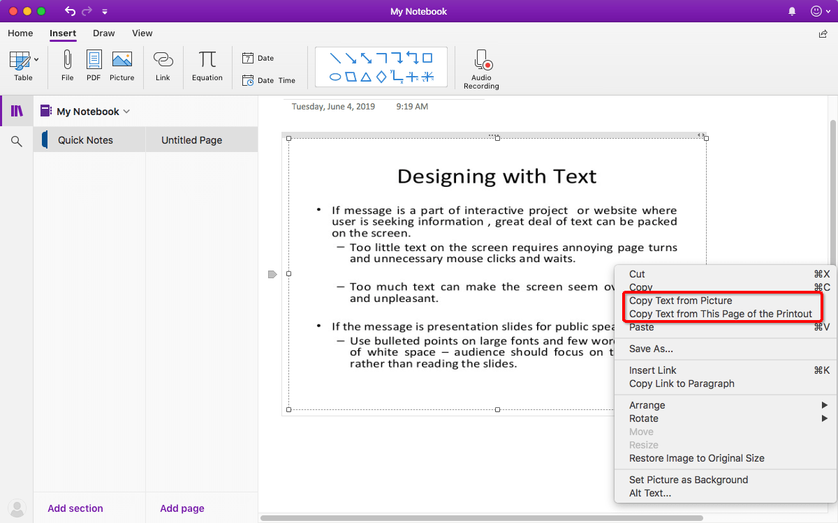 convert paper handwritten text in onenote for mac